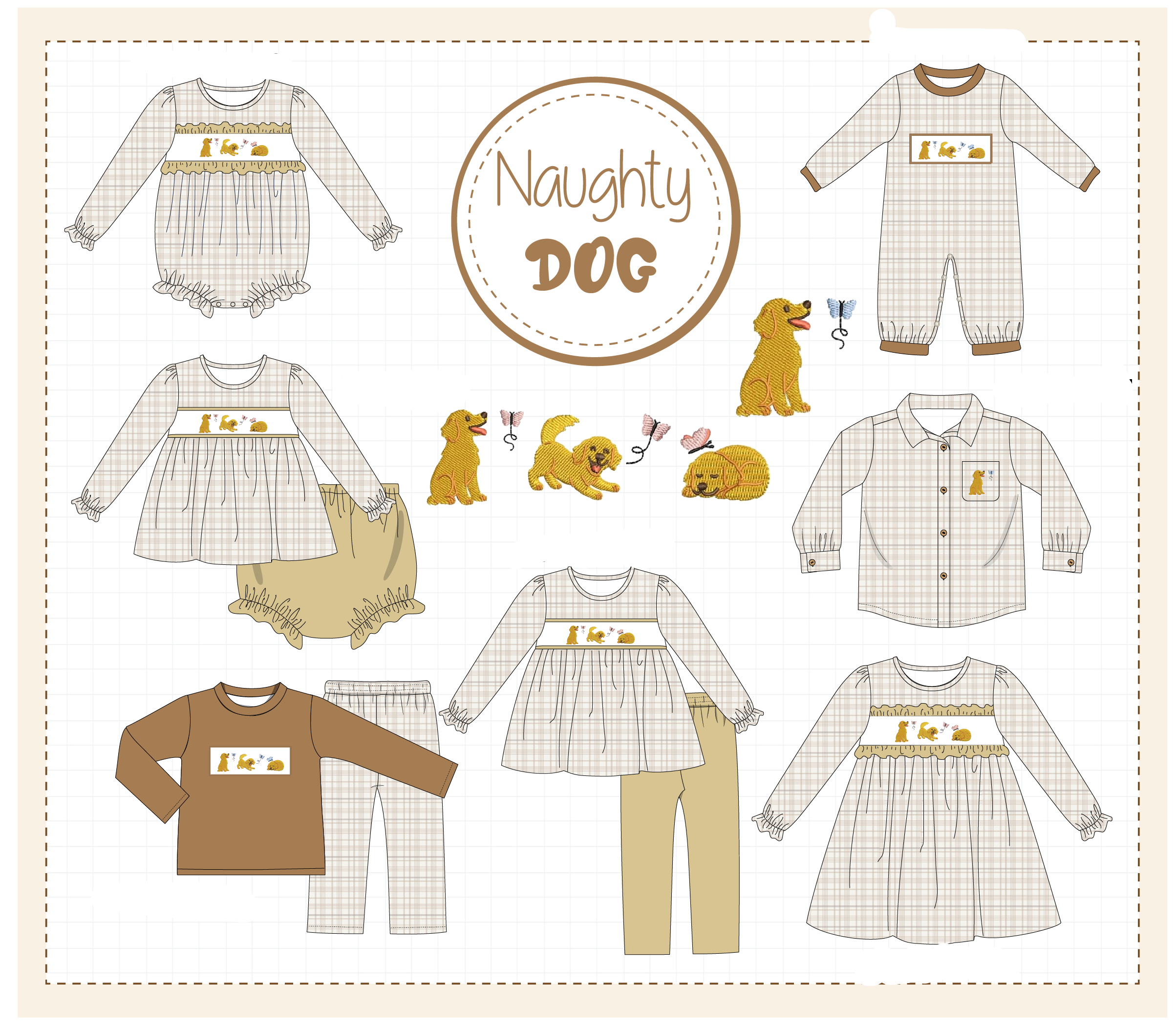 Brown puppy embroidery plaid collection
