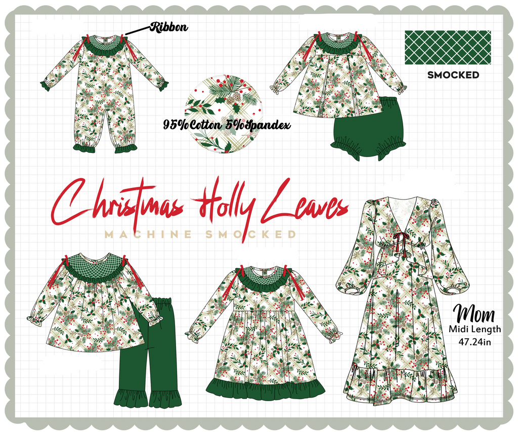 Forest christmas holly leaves smocked collection