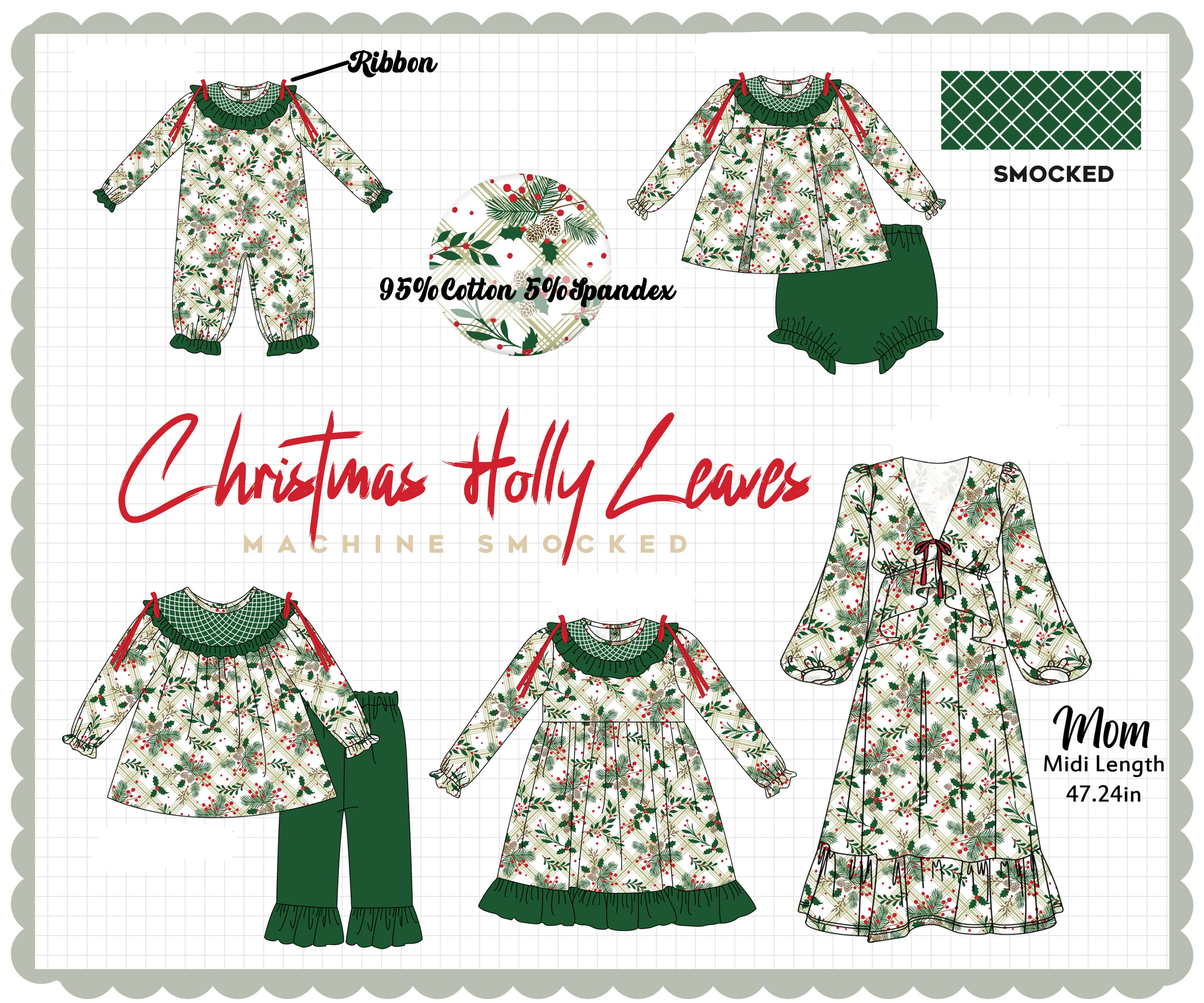 Forest christmas holly leaves smocked collection