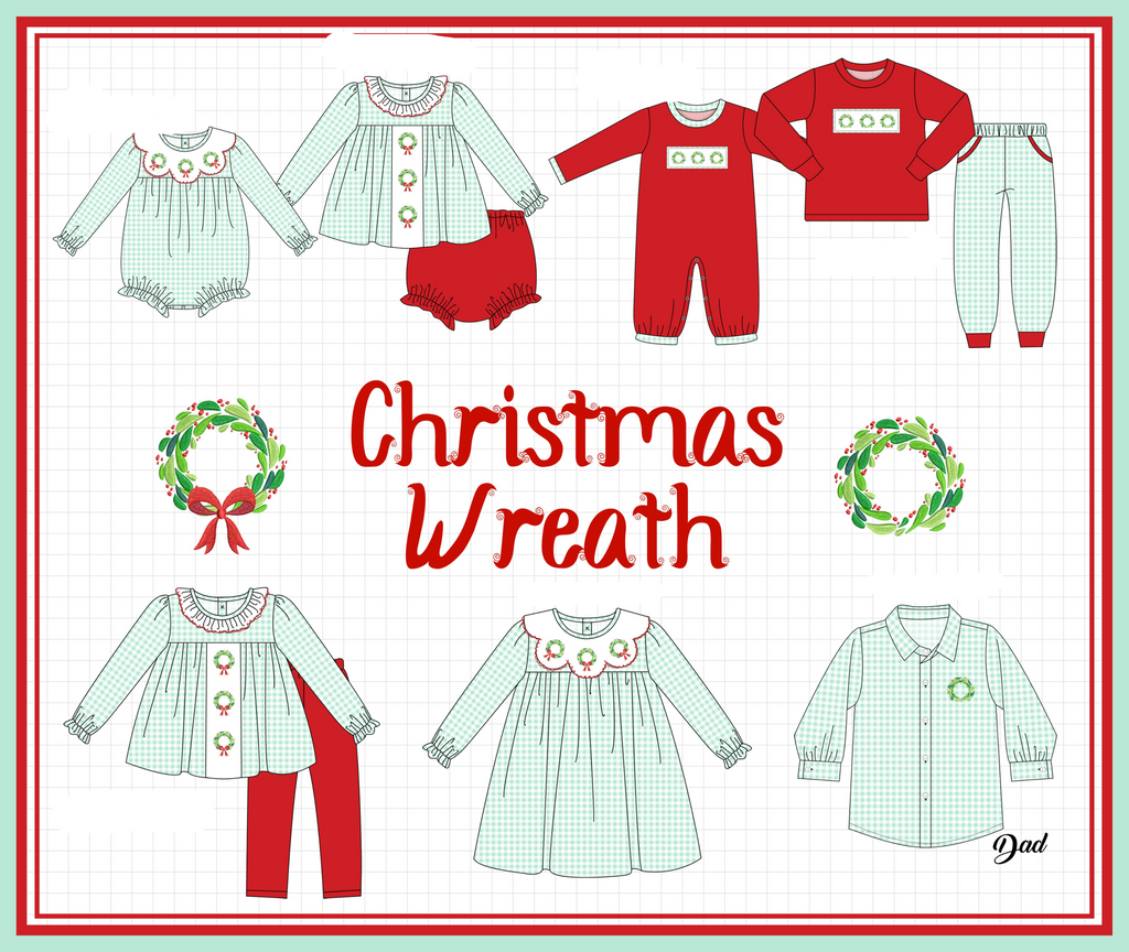 Green gingham wreath embroidery collection