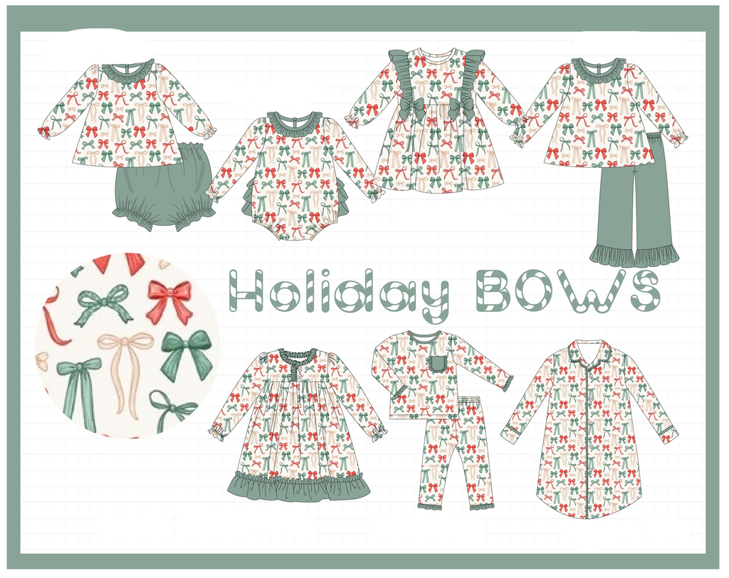 Green holiday bow print ruffle collection