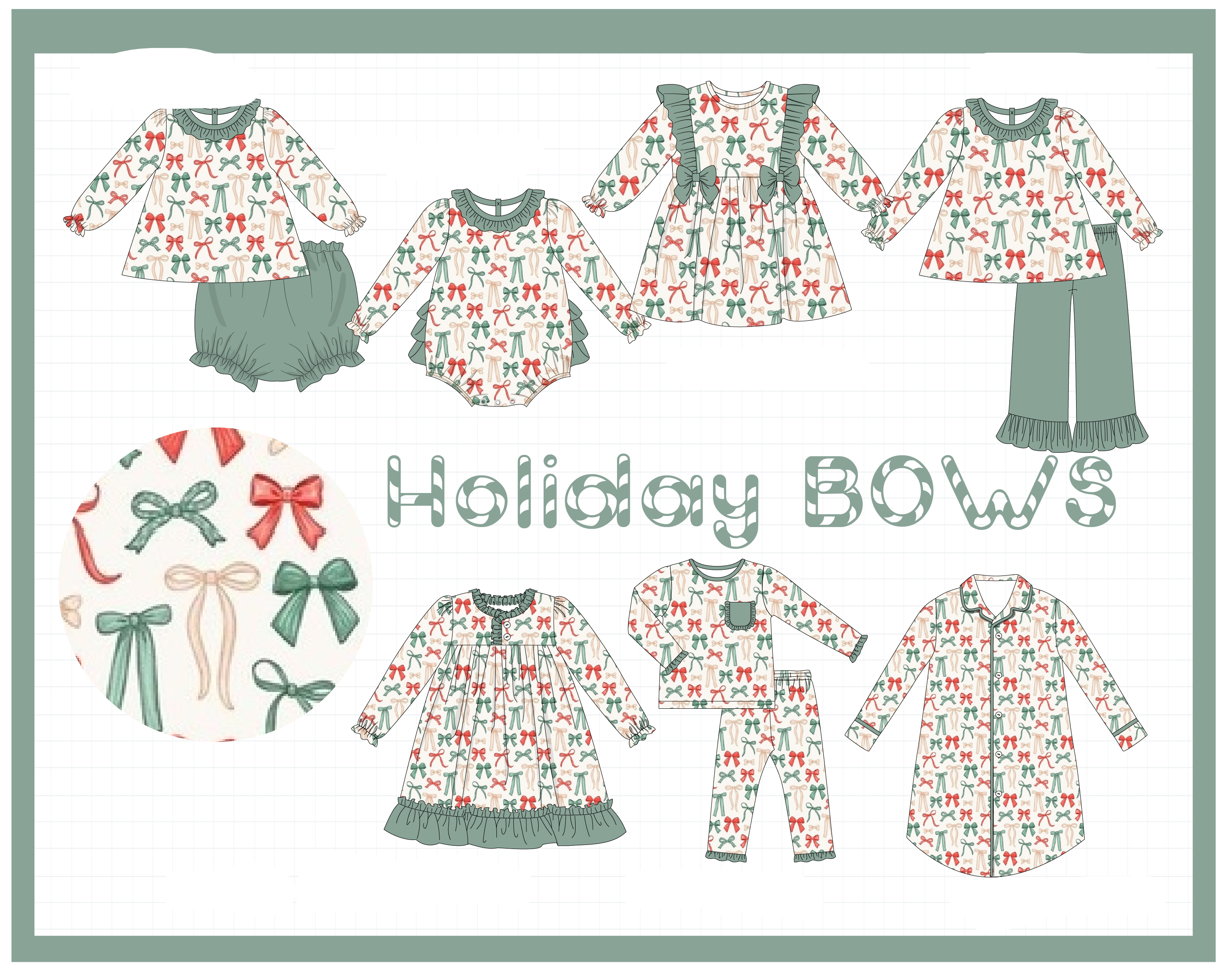 Green holiday bow print ruffle collection