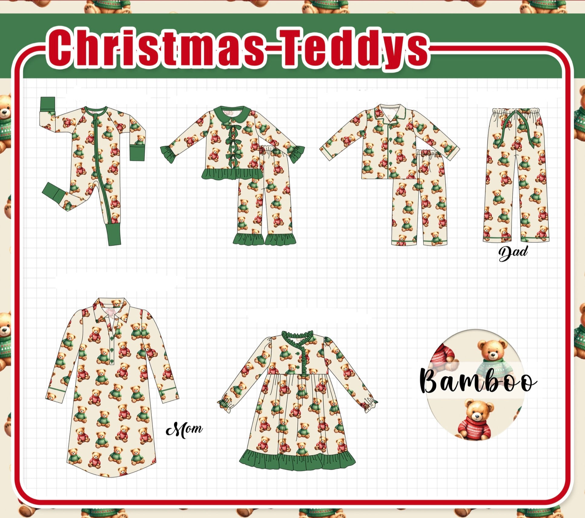 Green christmas teddy print bamboo collection (ETA-MID/LATE NOVEMBER)