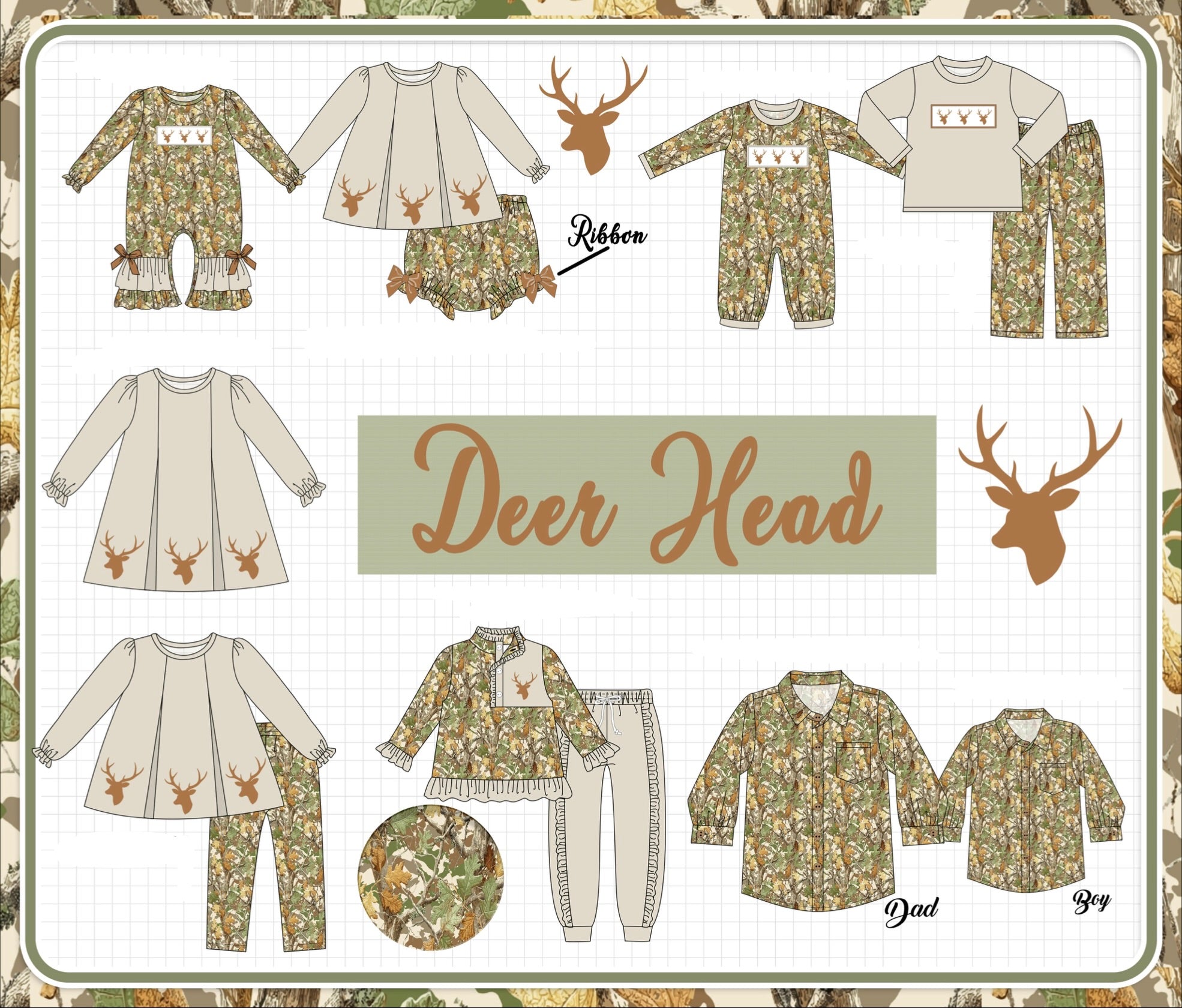 Green leaves deer embroidery collection (ETA-MID/LATE NOVEMBER)