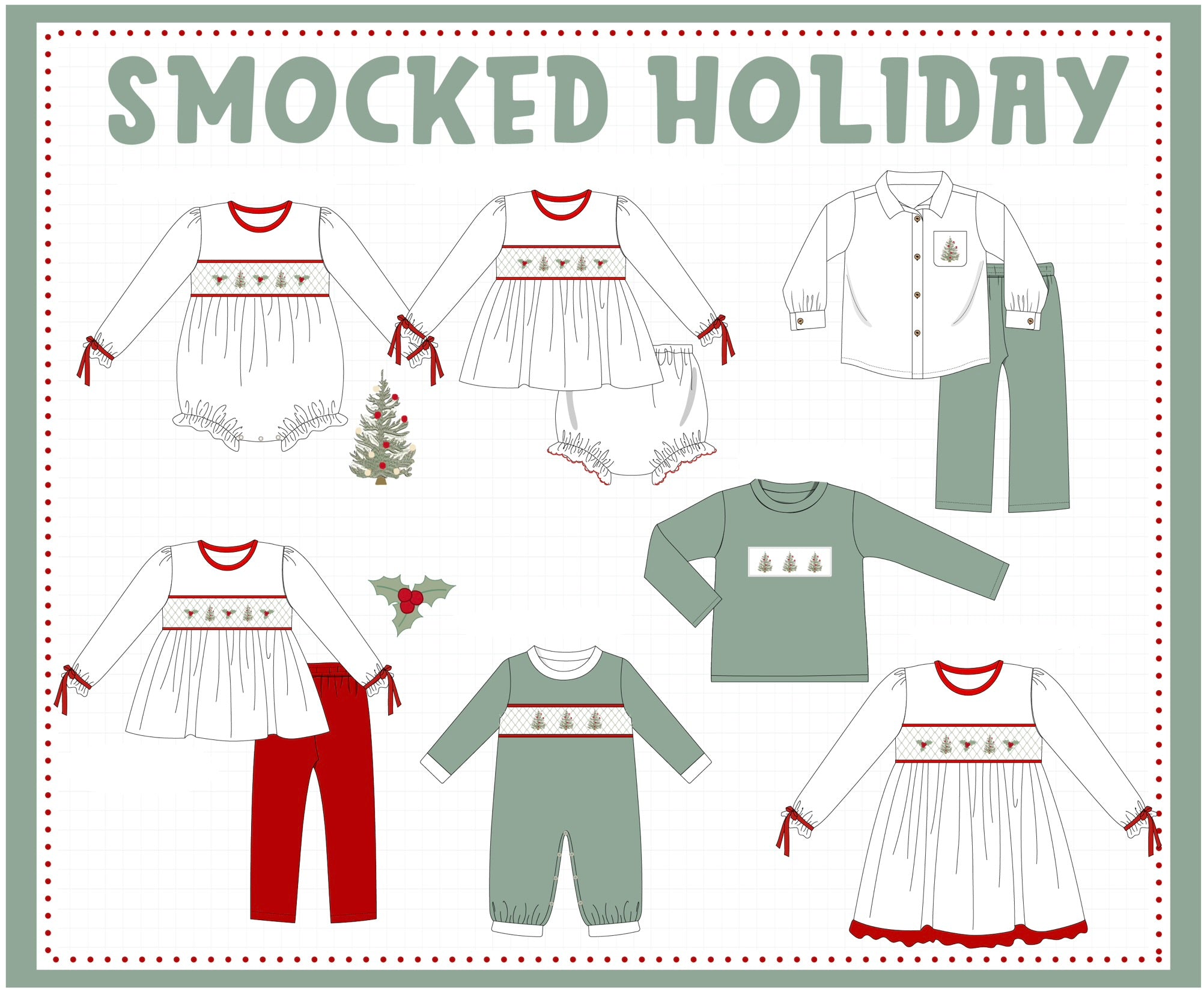 Red&sage christmas tree holly smocked collection (ETA-MID/LATE NOVEMBER)