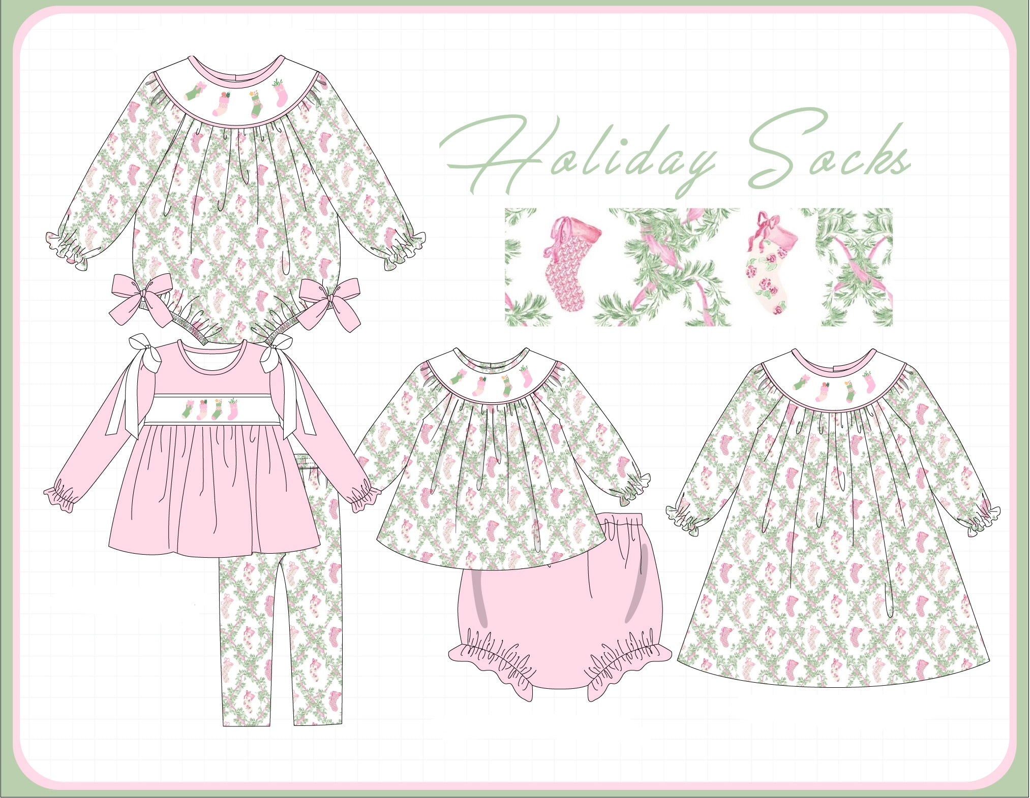 Pink holiday floral socks embroidery collection (ETA-MID/LATE NOVEMBER)