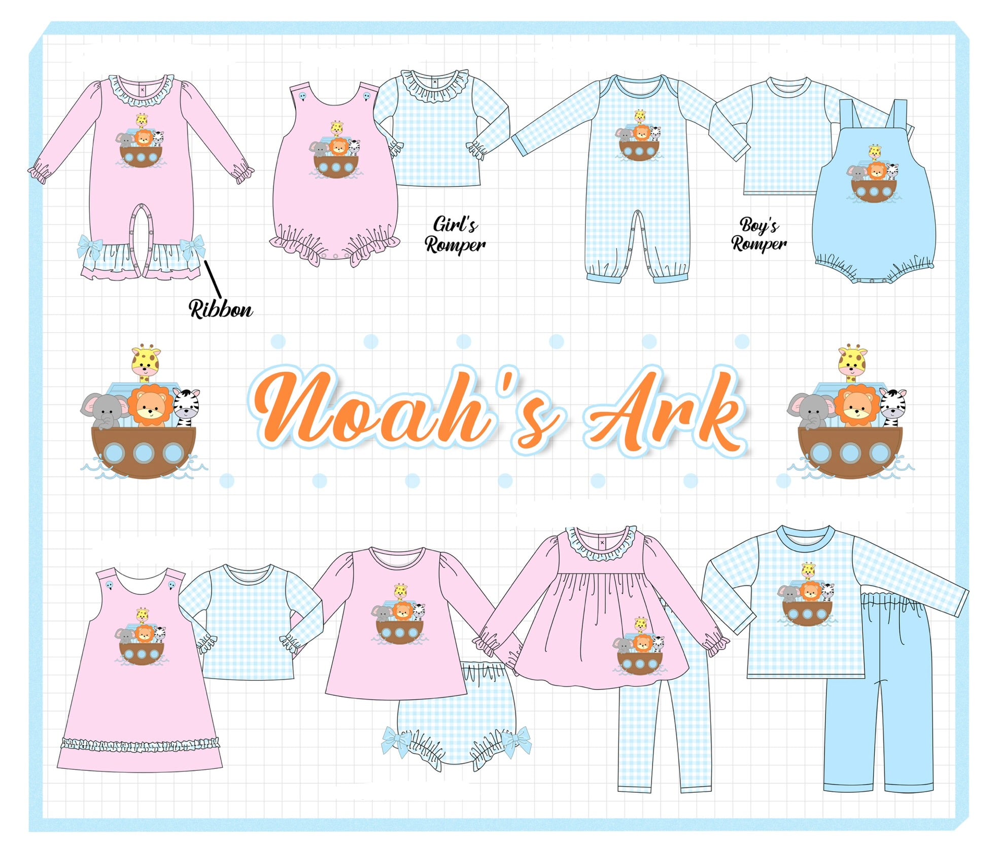 Pink&blue noah's ark applique gingham collection (ETA-MID/LATE NOVEMBER)
