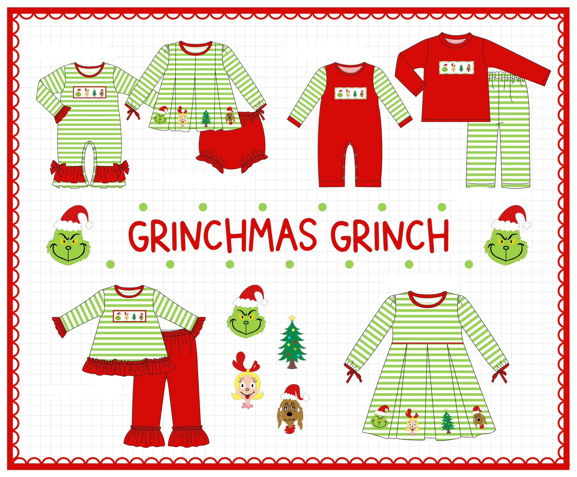Green stripe christmas grinch embroidery collection (ETA-MID/LATE NOVEMBER)