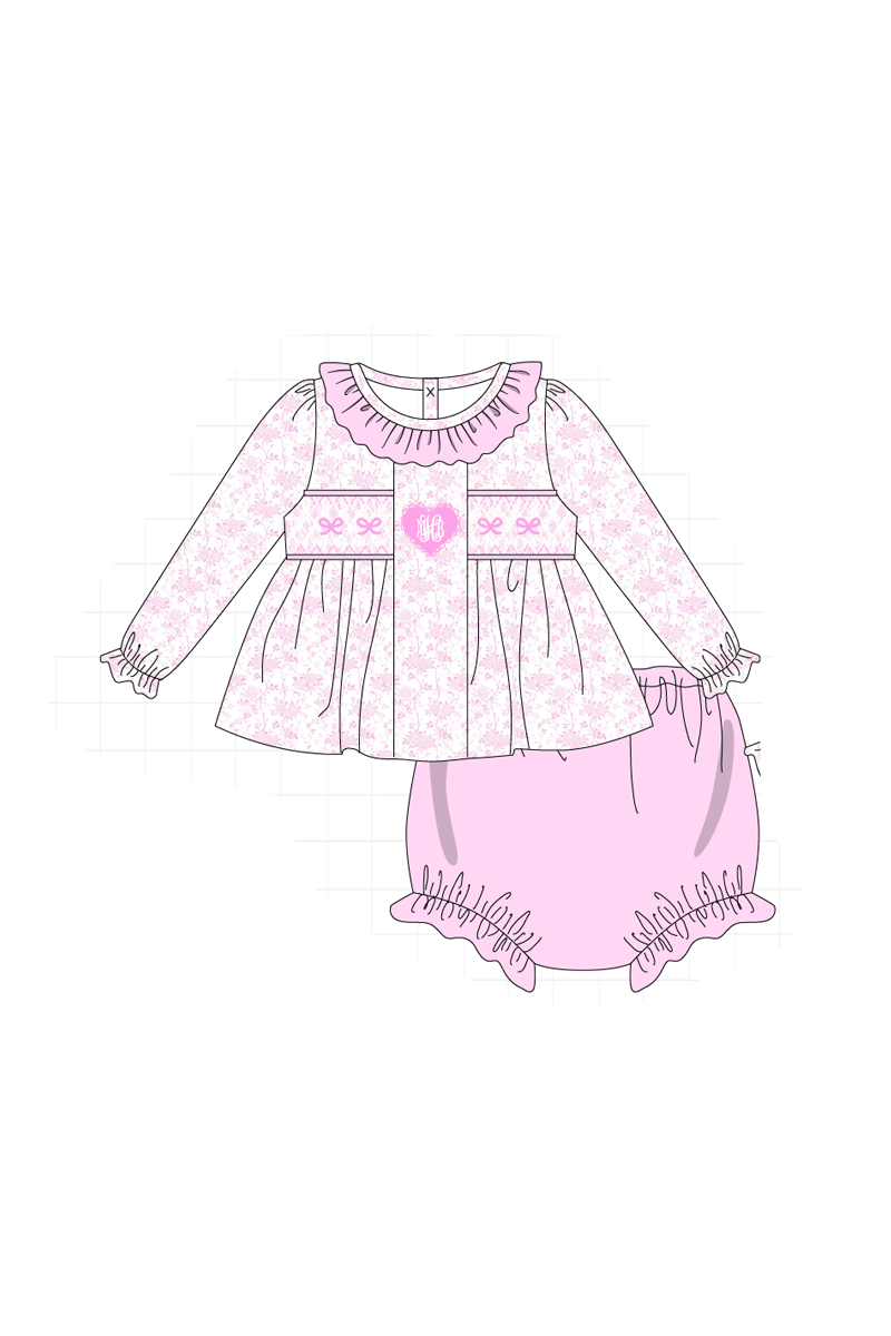Pink bow monogram embroidery smocked ruffle collection
