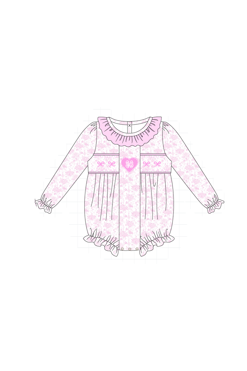 Pink bow monogram embroidery smocked ruffle collection