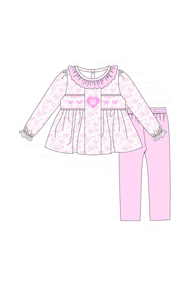 Pink bow monogram embroidery smocked ruffle collection