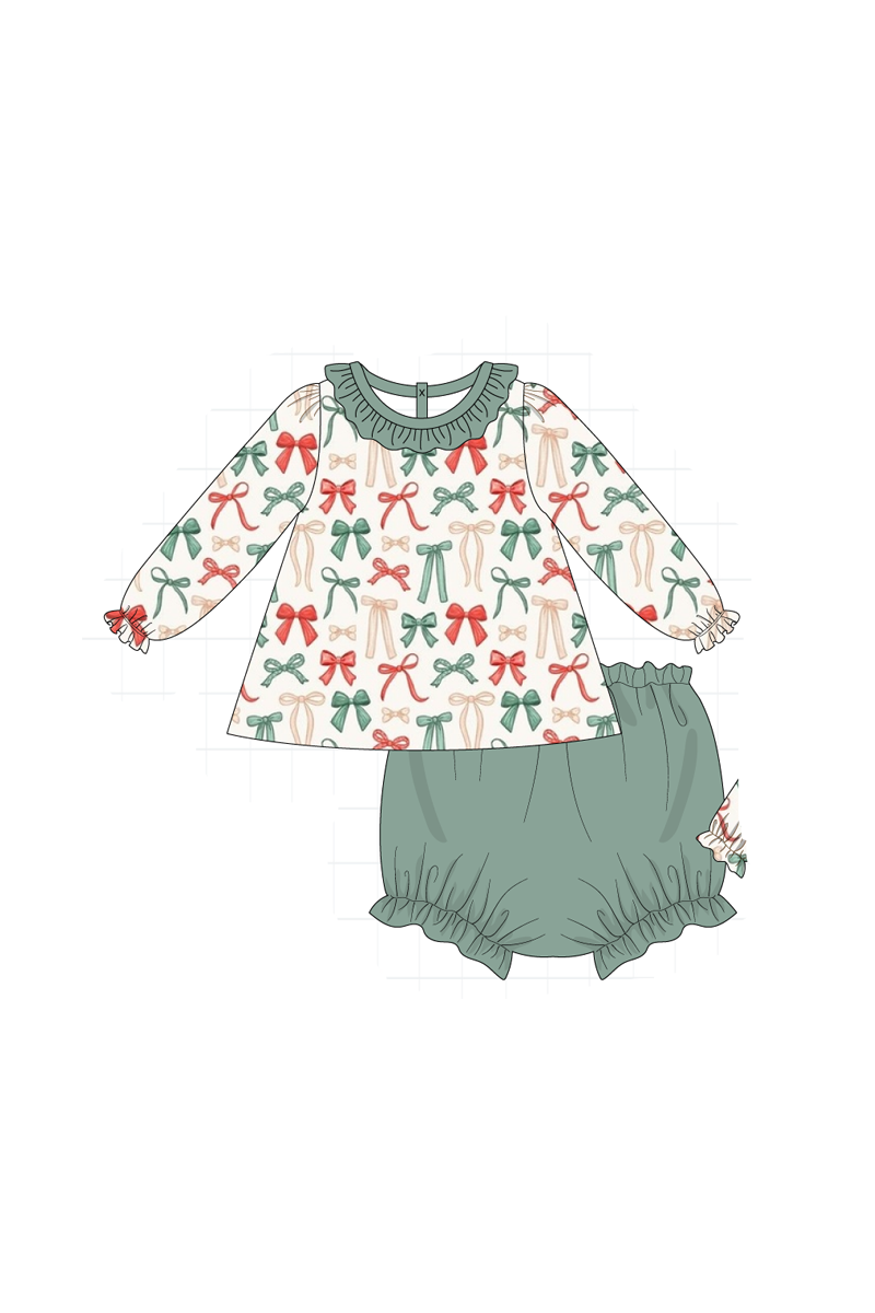 Green holiday bow print ruffle collection