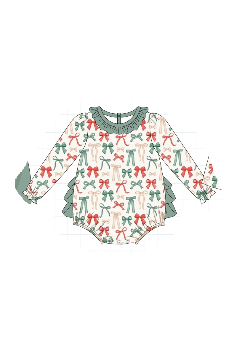 Green holiday bow print ruffle collection