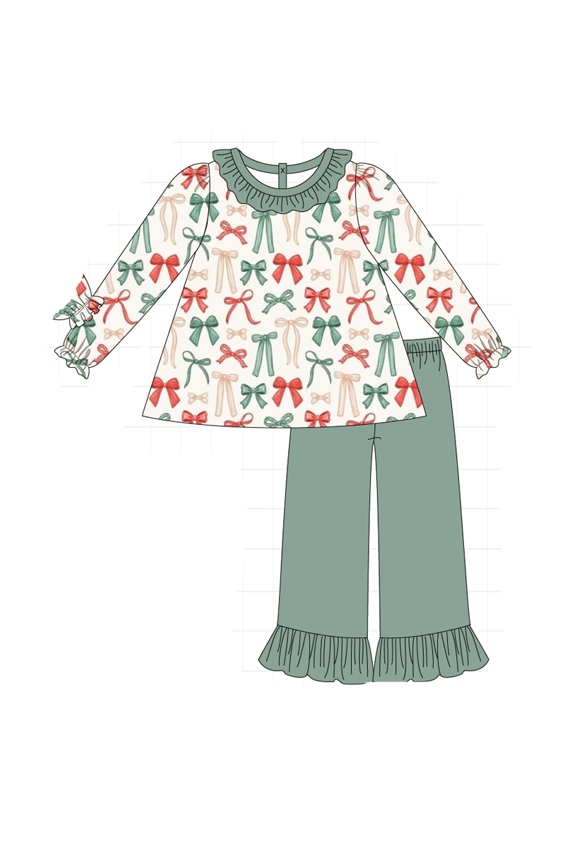 Green holiday bow print ruffle collection