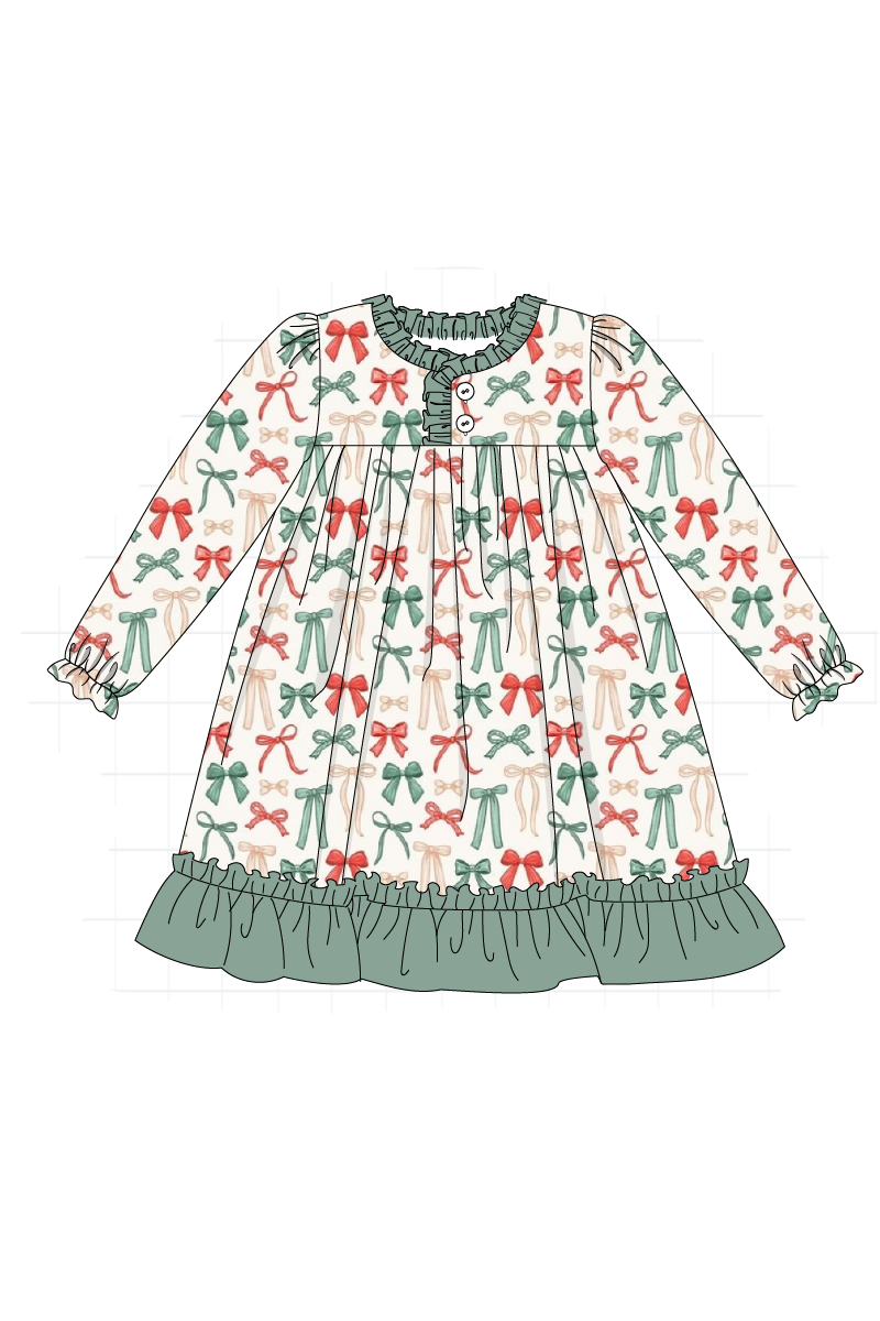 Green holiday bow print ruffle collection