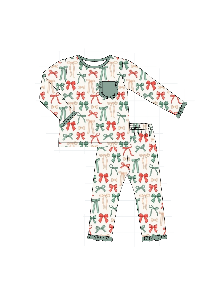 Green holiday bow print ruffle collection