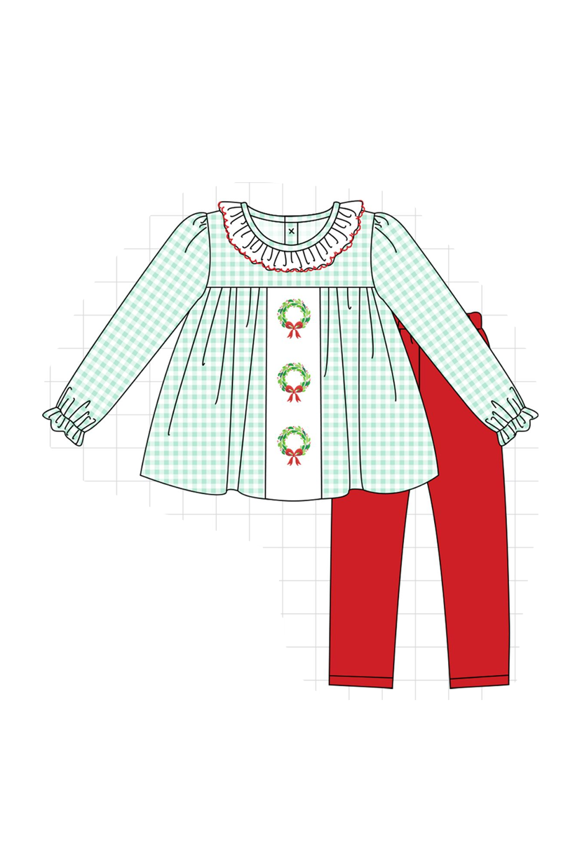Green gingham wreath embroidery collection