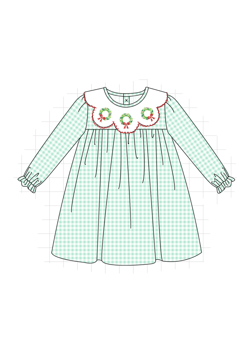 Green gingham wreath embroidery collection