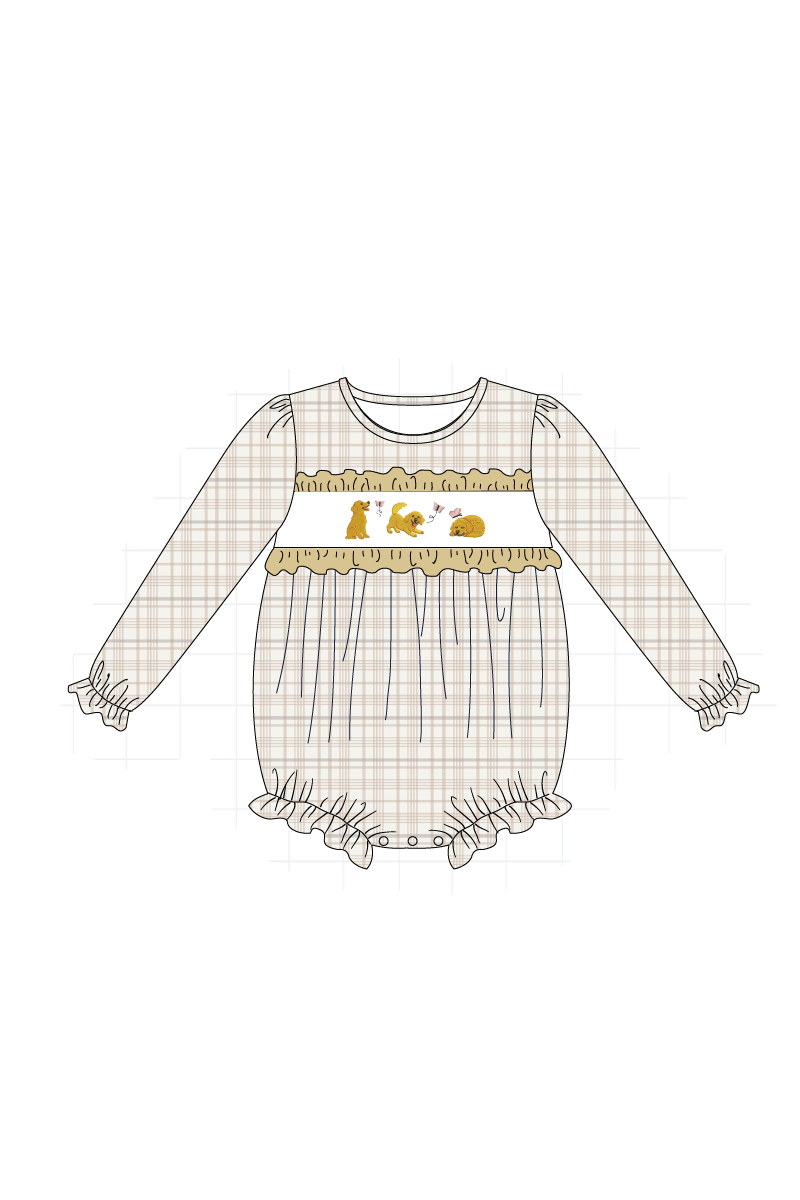 Brown puppy embroidery plaid collection