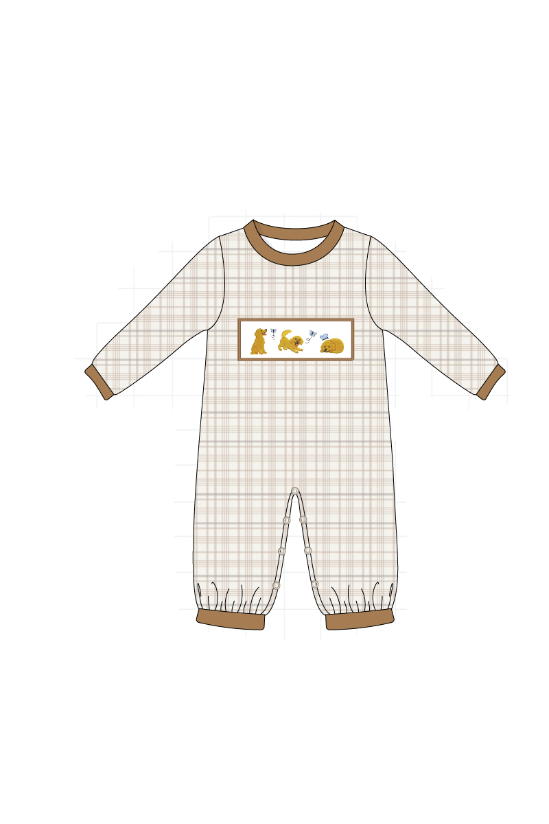 Brown puppy embroidery plaid collection