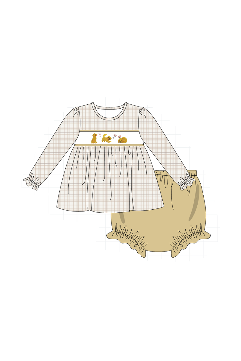 Brown puppy embroidery plaid collection