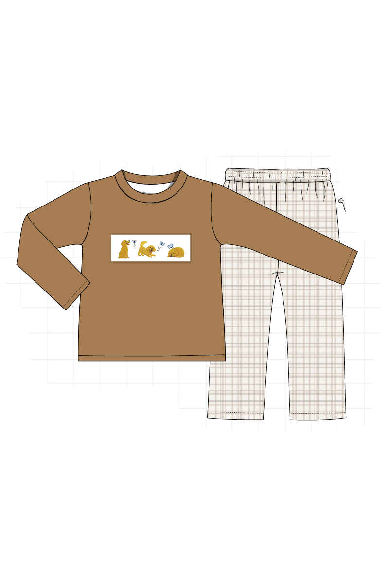 Brown puppy embroidery plaid collection