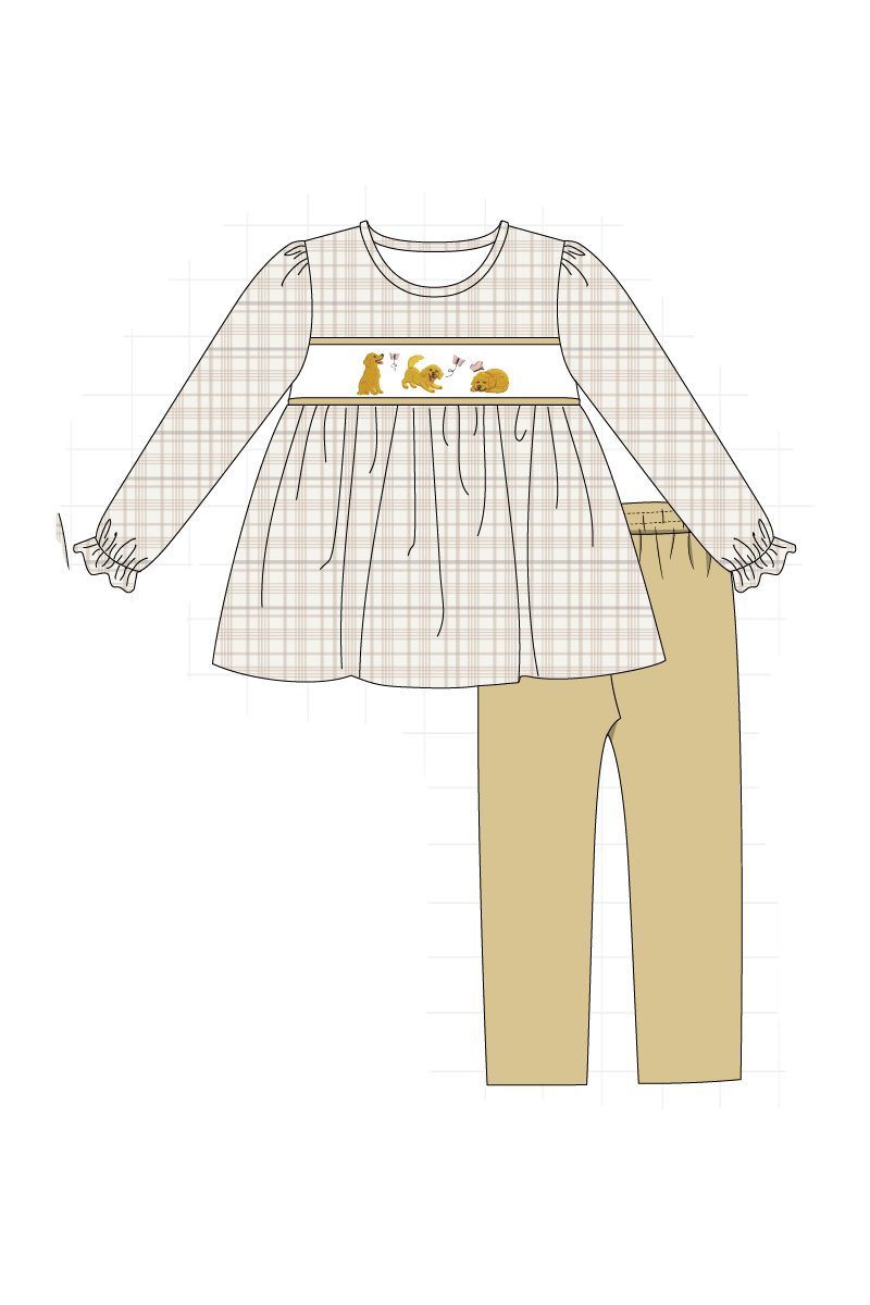 Brown puppy embroidery plaid collection