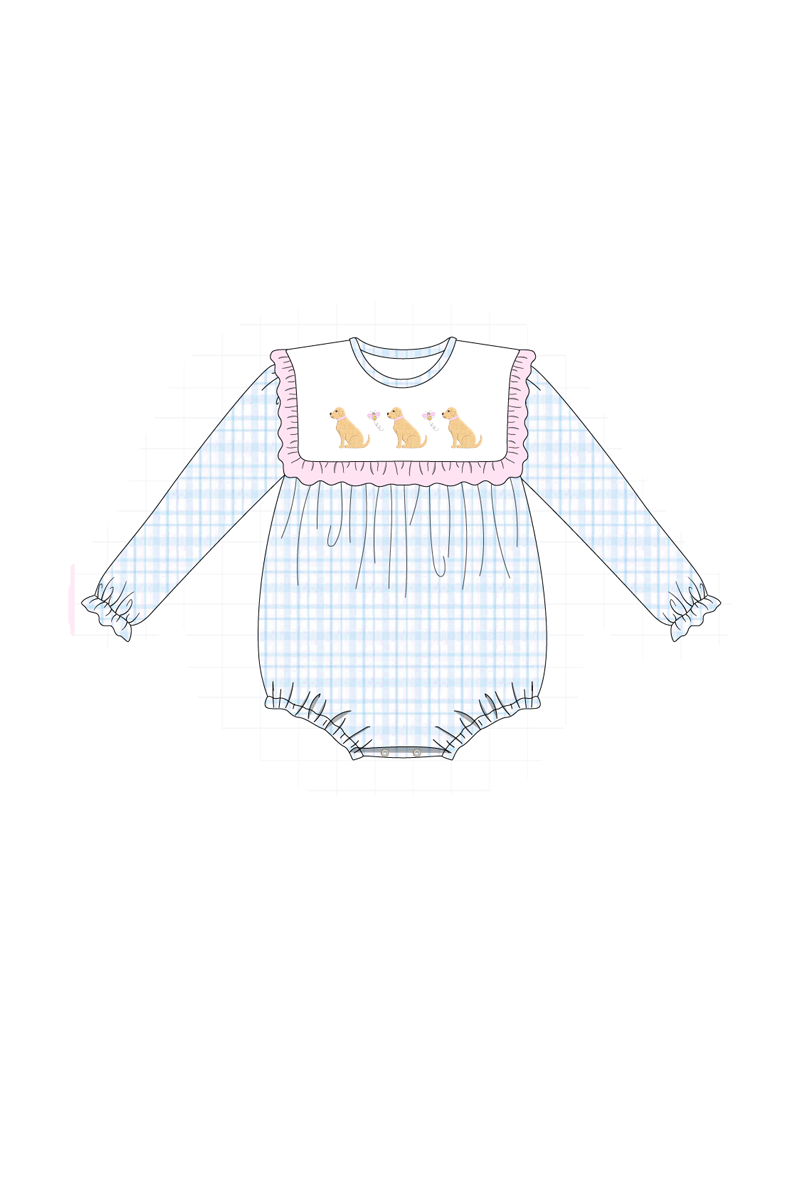 Blue puppy embroidery plaid collection