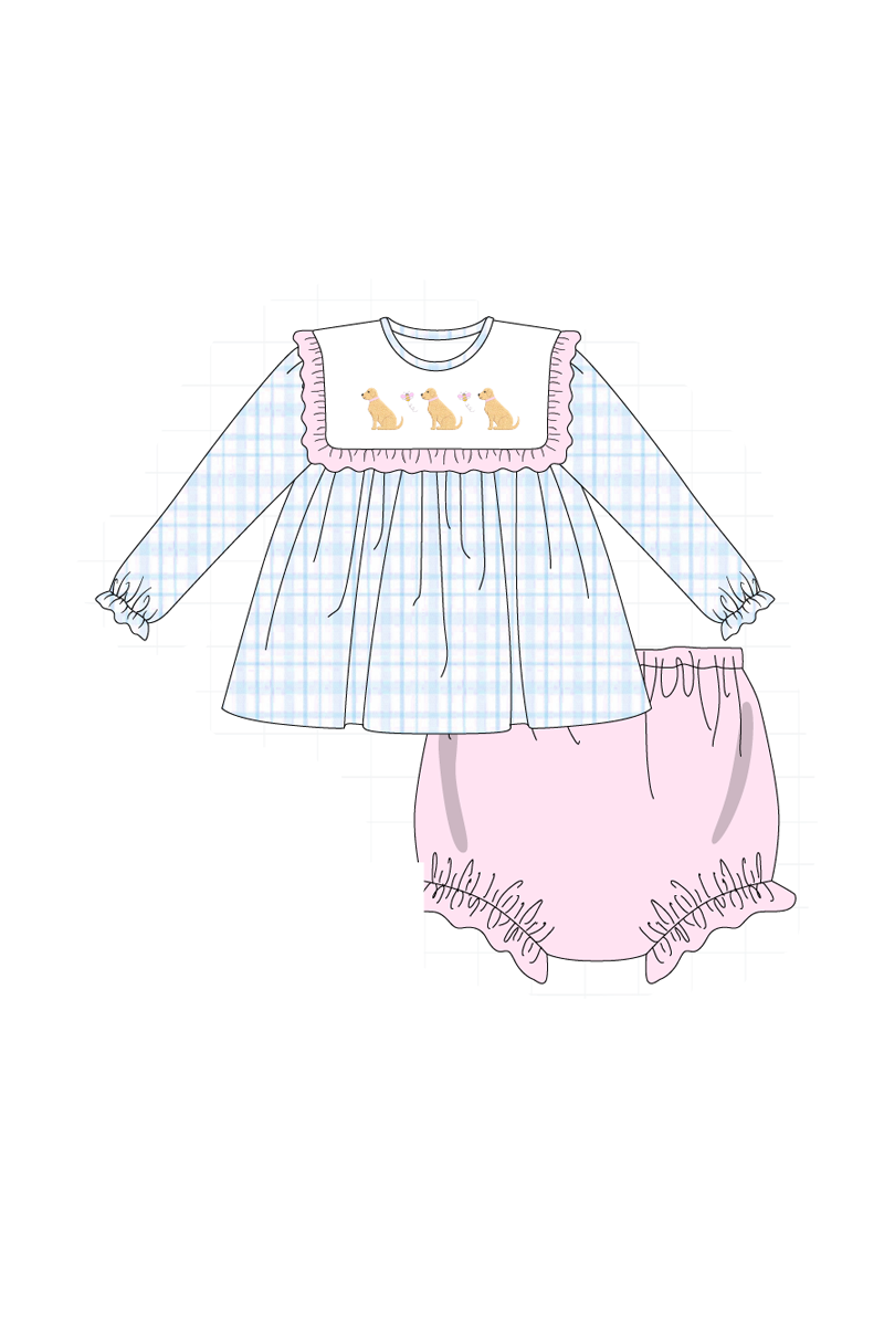 Blue puppy embroidery plaid collection