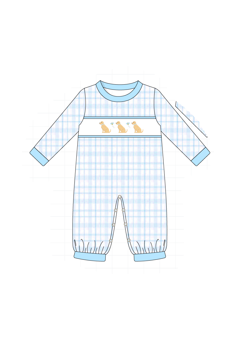 Blue puppy embroidery plaid collection
