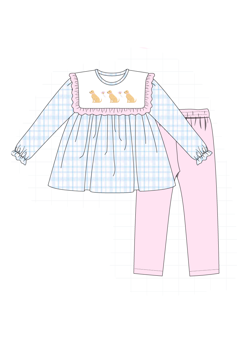 Blue puppy embroidery plaid collection