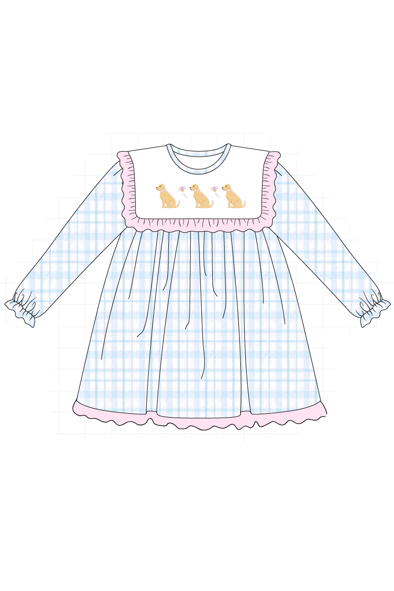 Blue puppy embroidery plaid collection