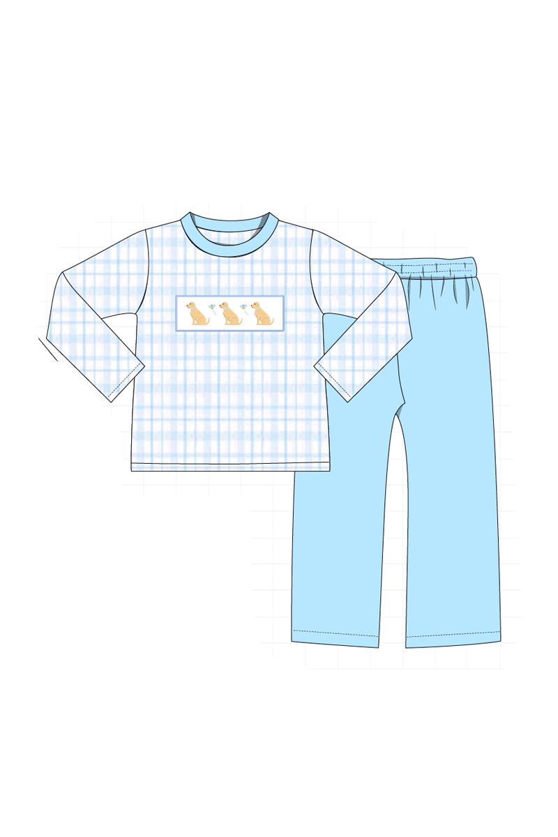 Blue puppy embroidery plaid collection