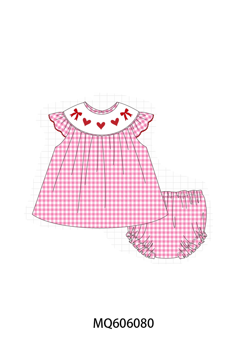 Pink valentine's day heart bow embroidery gingham collection