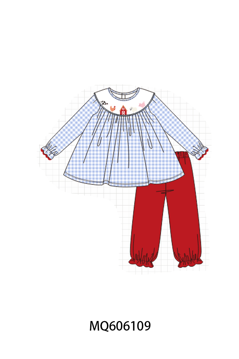 Blue farm embroidery gingham collection