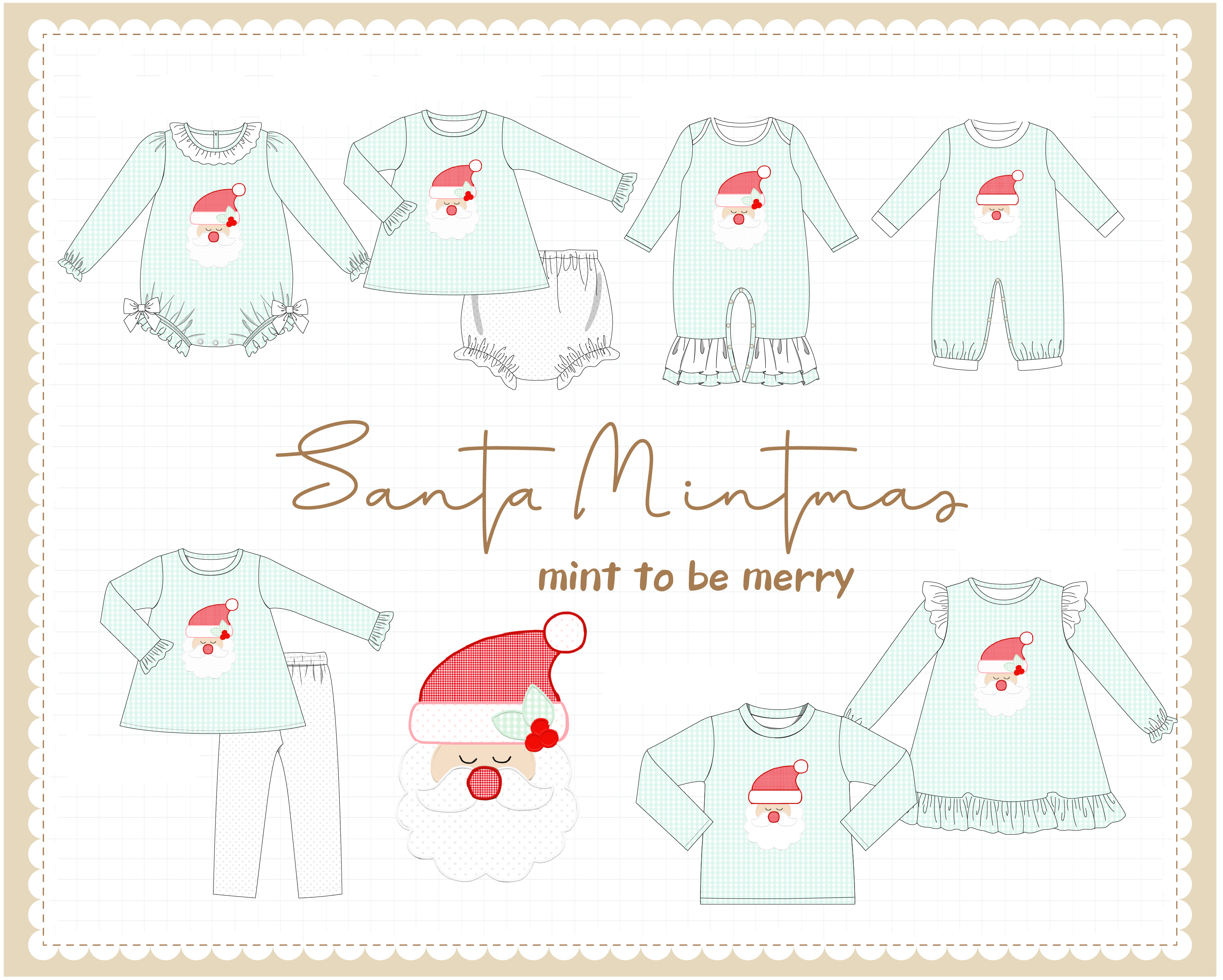 Mint christmas santa claus applique gingham collection