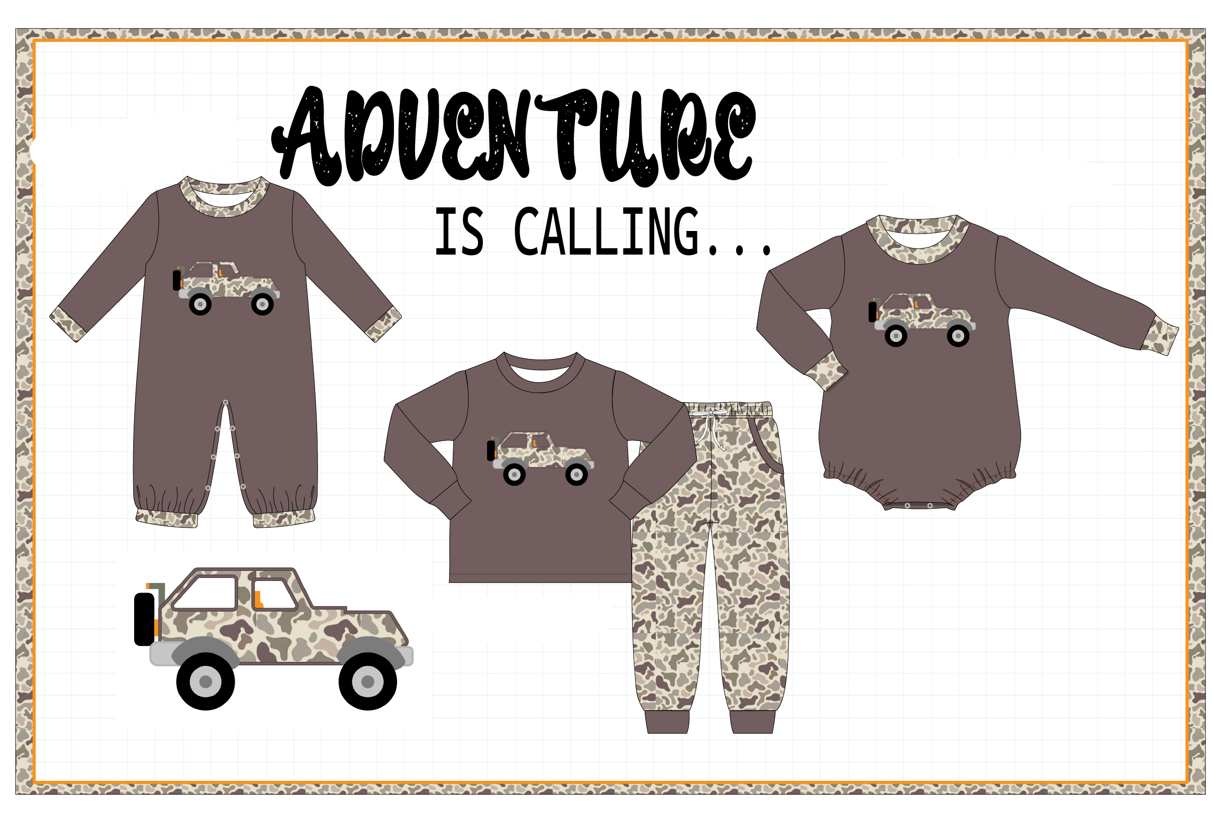 Mocha brown camouflage adventure applique collection
