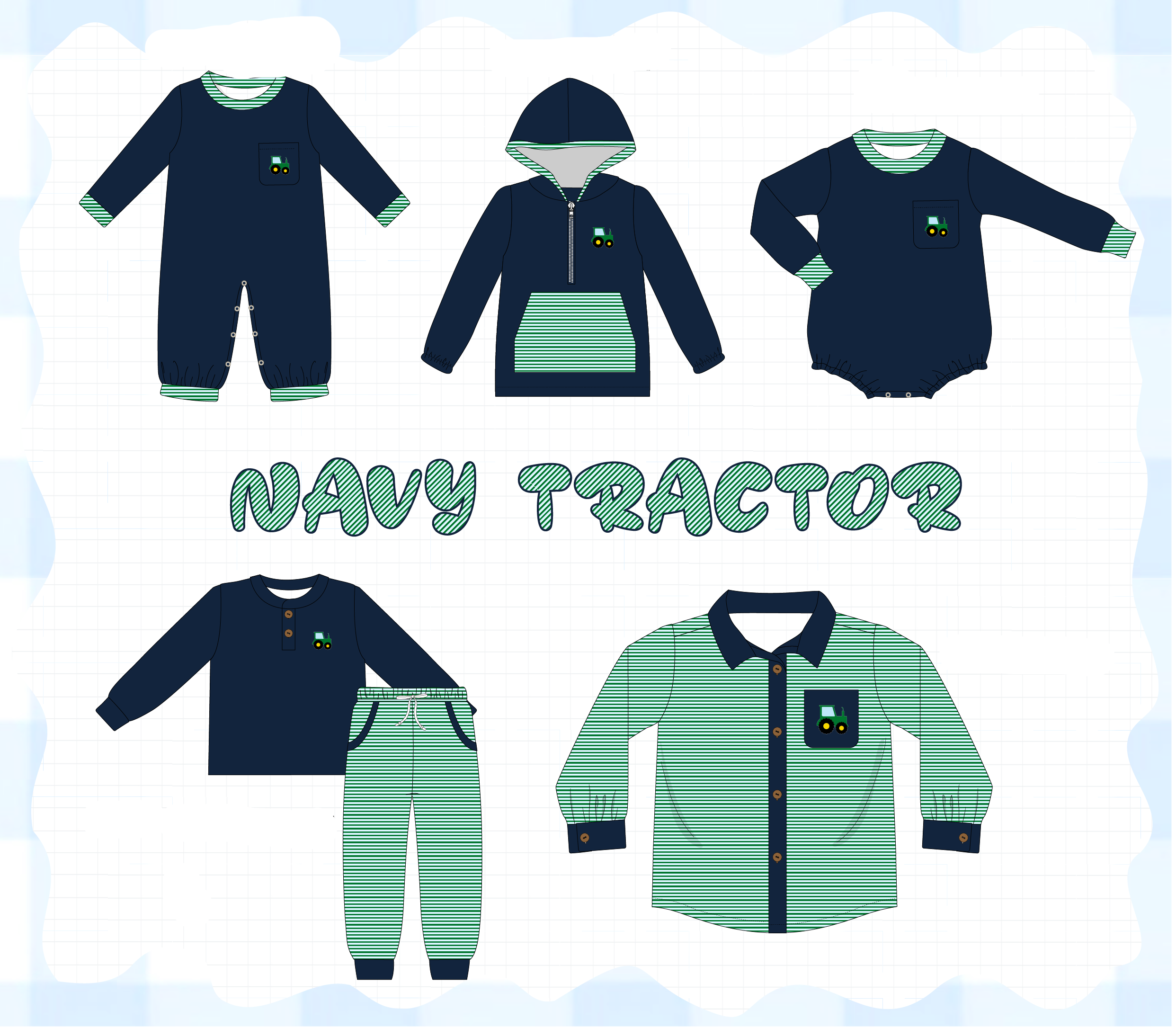 Navy tractor embroidery stripe collection