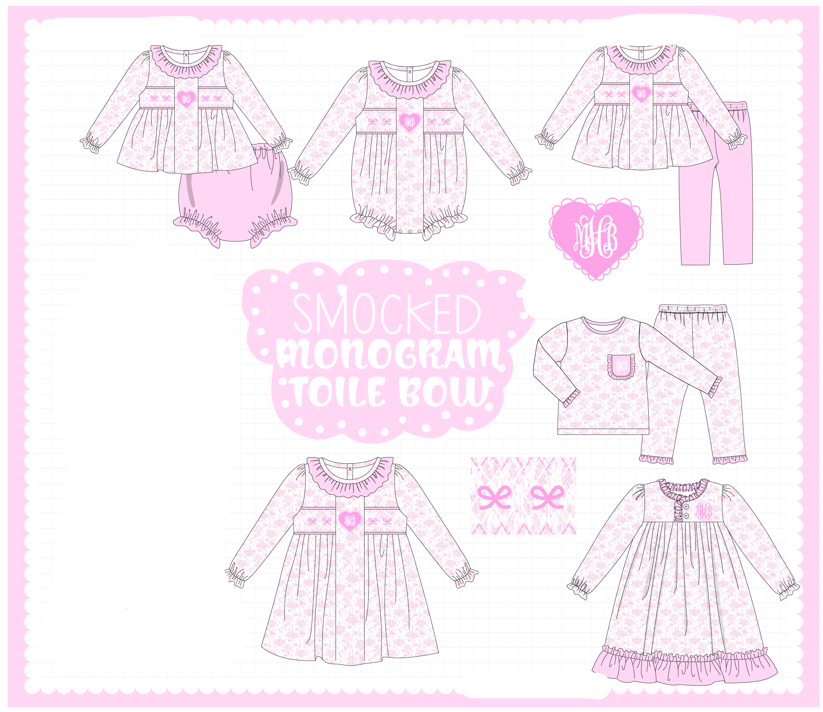 Pink bow monogram embroidery smocked ruffle collection
