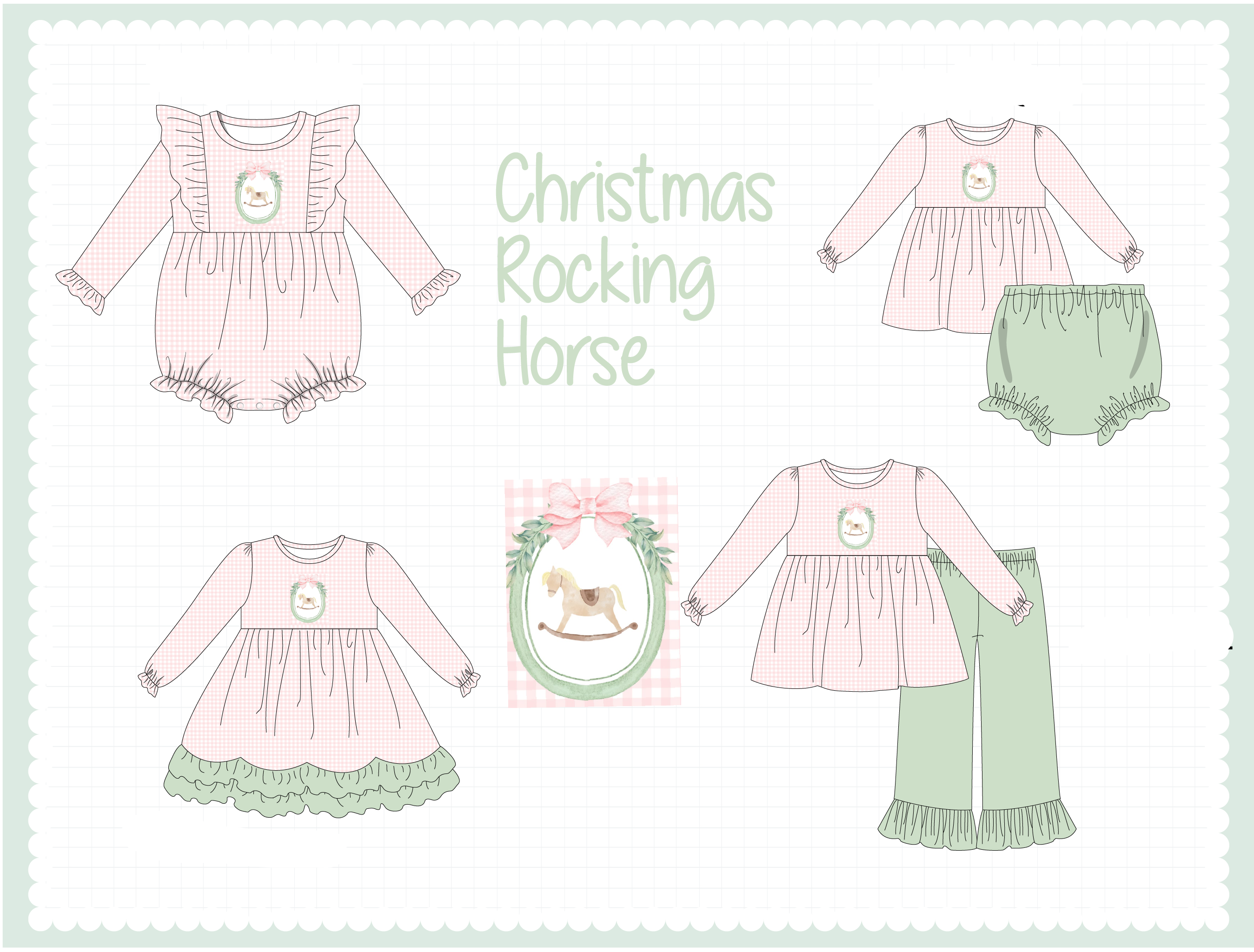Pink christmas horse embroidery gingham collection