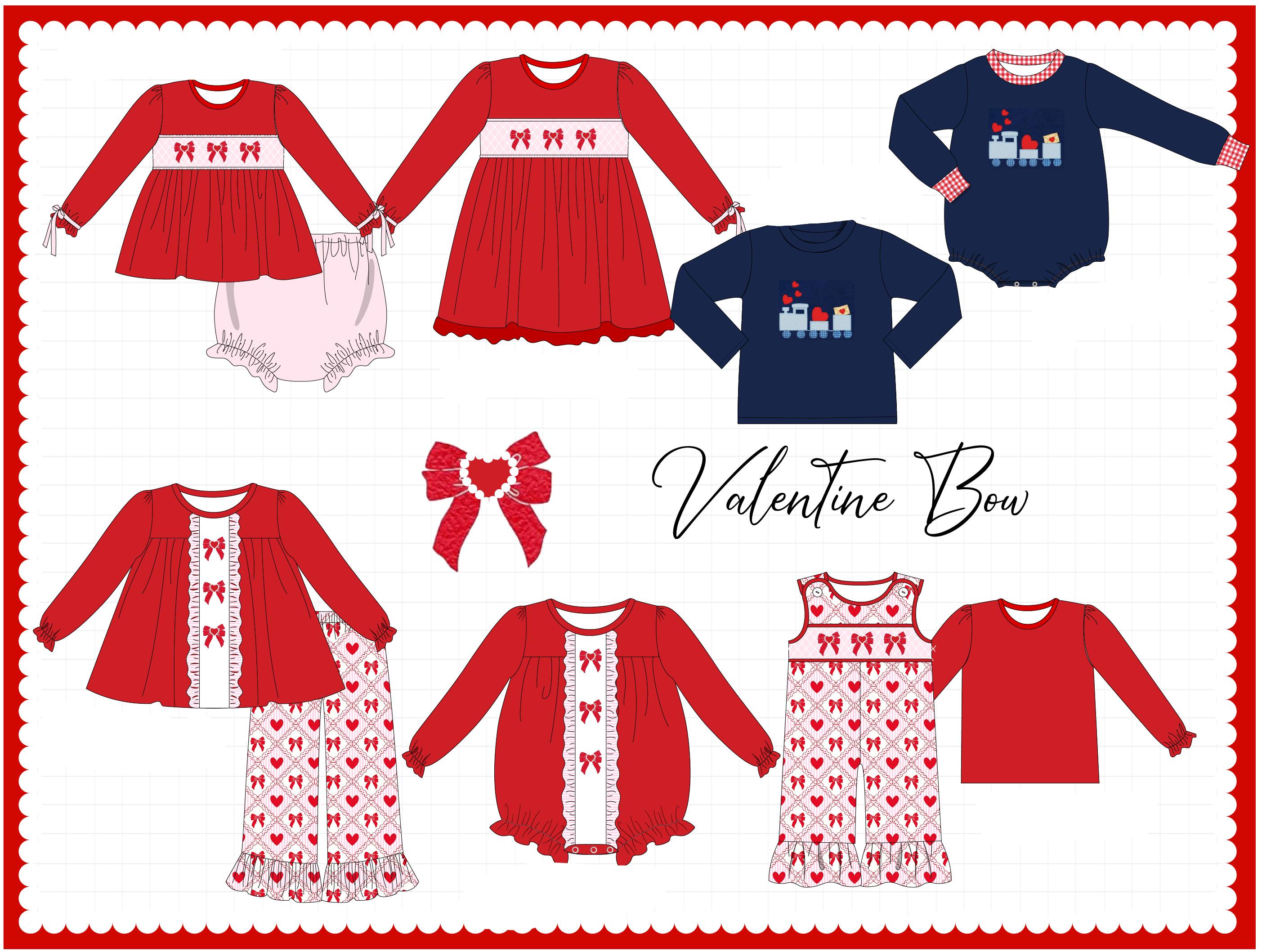 Red&navy valentine's day bow train embroidery collection