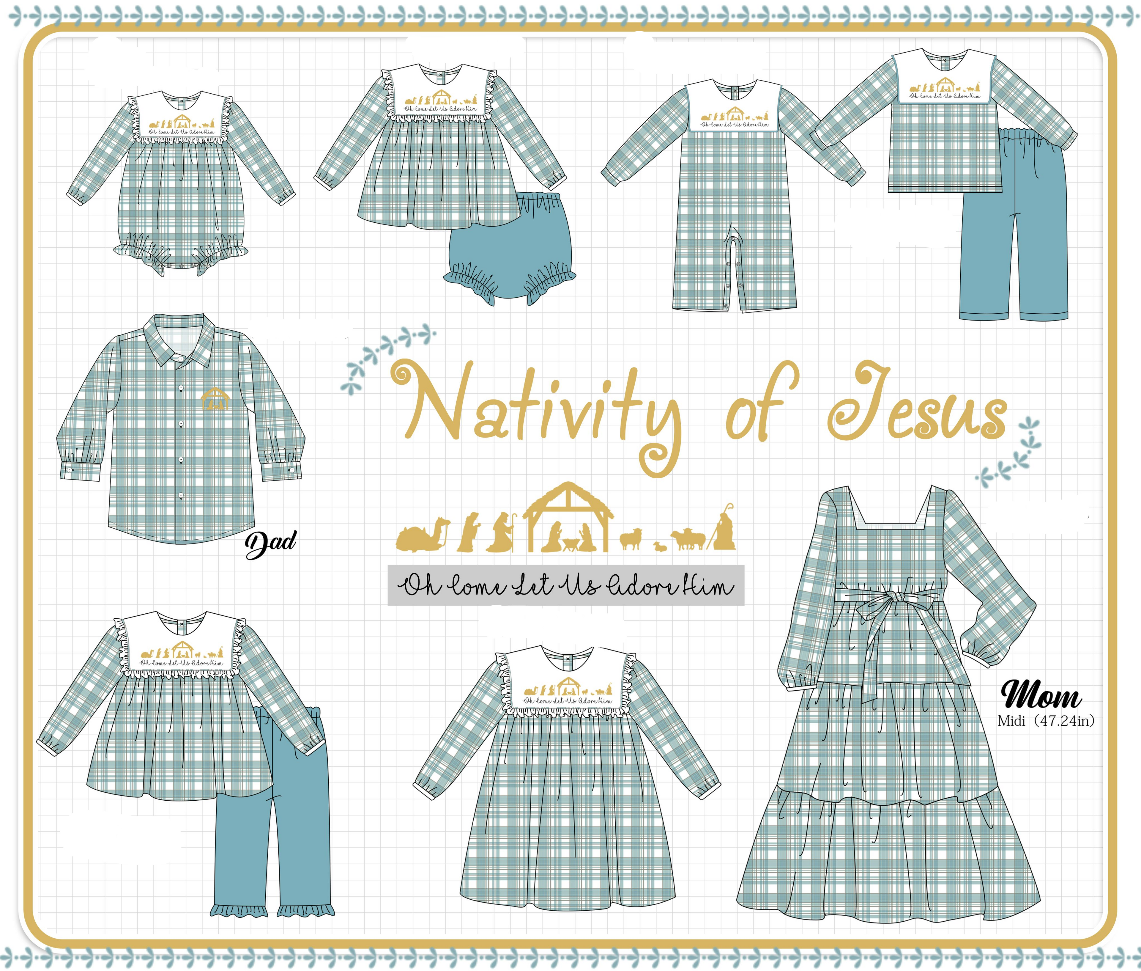 Teal nativity embroidery plaid collection